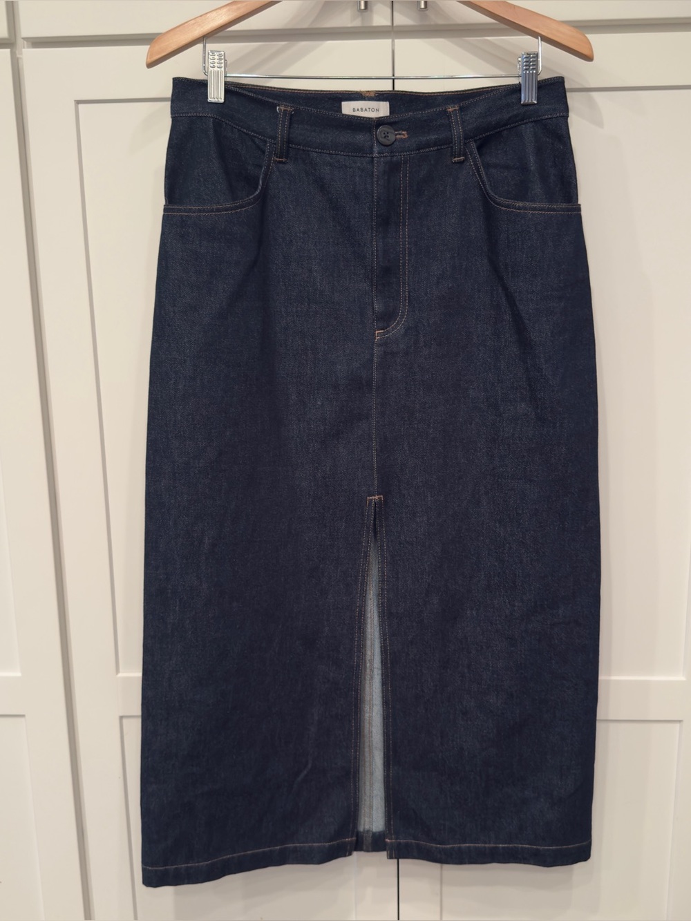 Aritzia Babaton Dark Indigo Denim Midi Skirt Front Slit Size 10 Like New